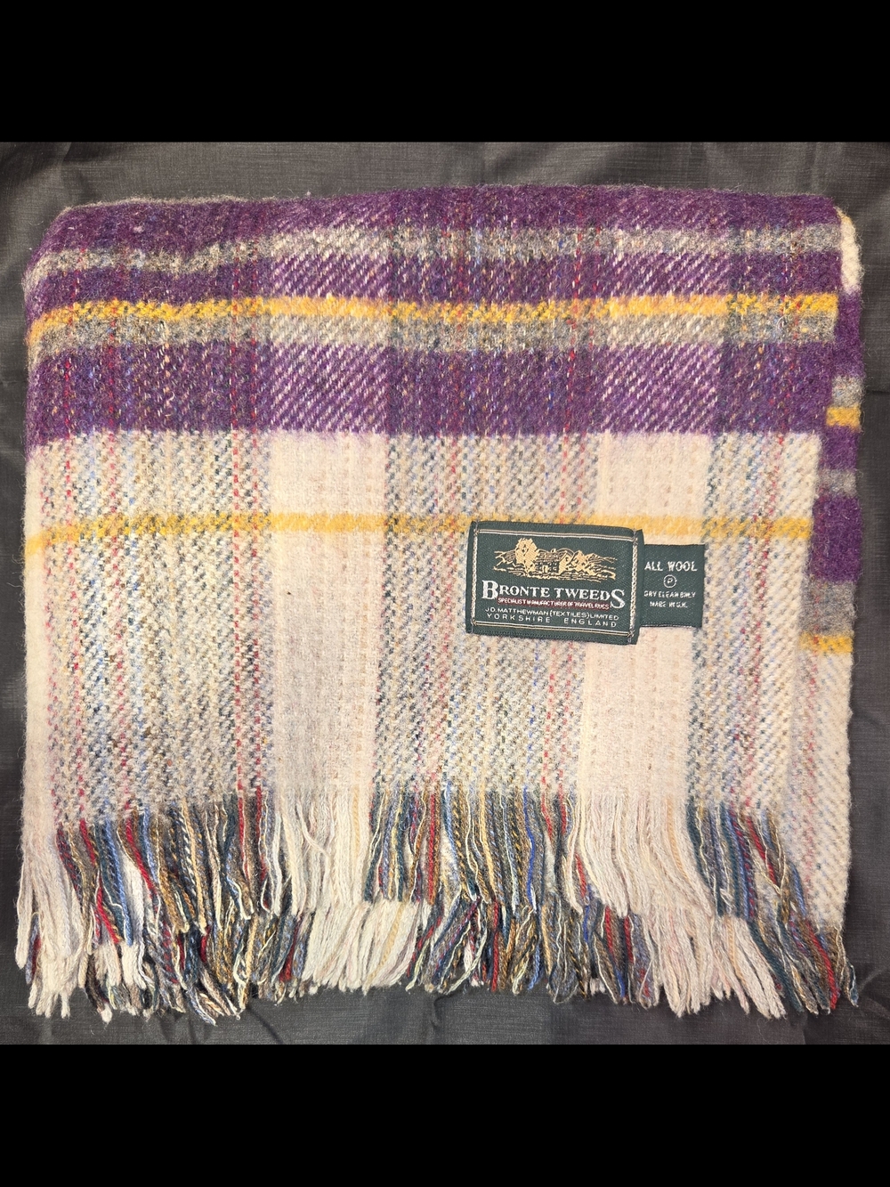 Bronte Tweeds 100% Wool Made In England Fringed Throw 57"X44" Purple & Yellow